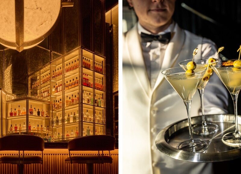 Dimly lit bar (L); server in white jacket holding tray of drinks at the View (R)