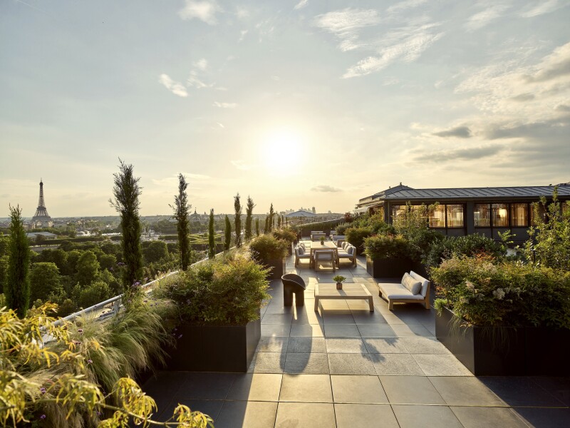 The terrace of the Belle Etoile Suite at Le Meurice with Eiffel Tower view