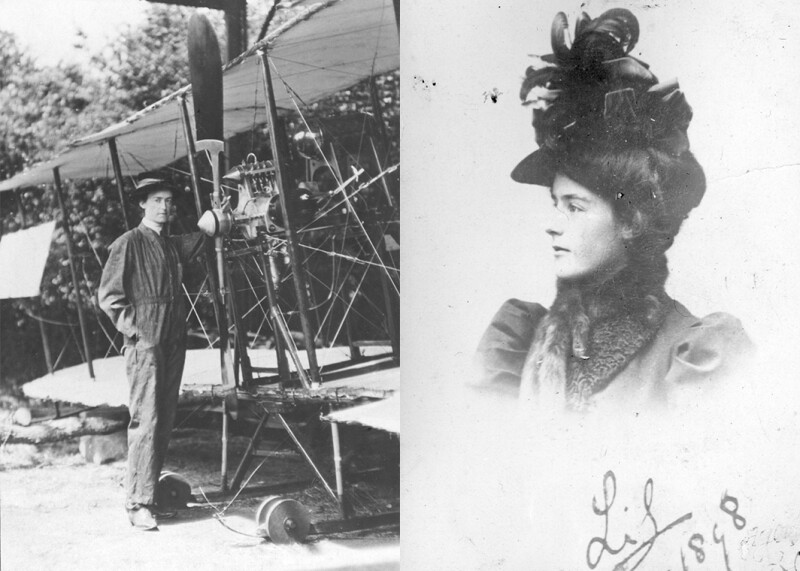 Lilian Bland with the “Mayfly” in 1910; a headshot from 1898, signed by Bland