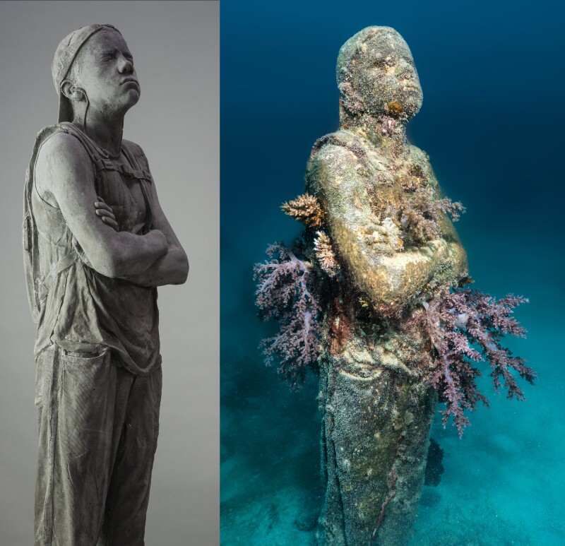 One of Jason deCaries Taylor's sculptures before and after being submerged at the Museum of Underwater Art