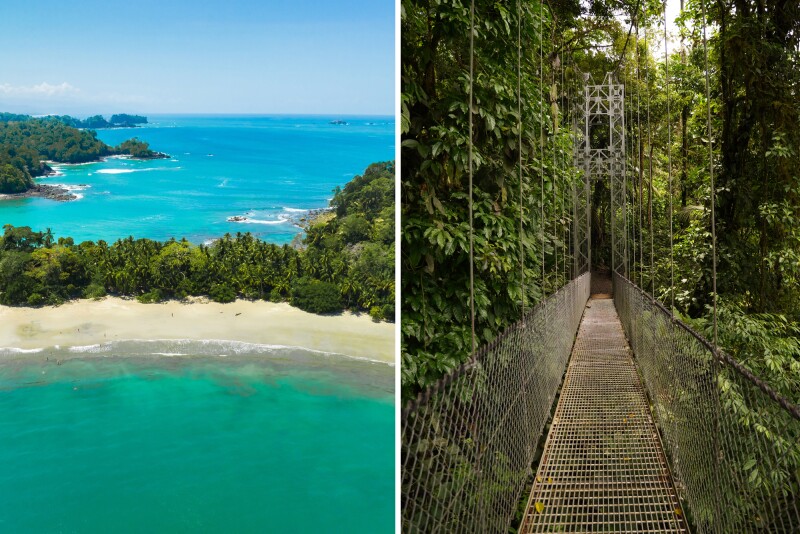 A beach with clear tropical water on either side, and a hanging bridge in the jungle