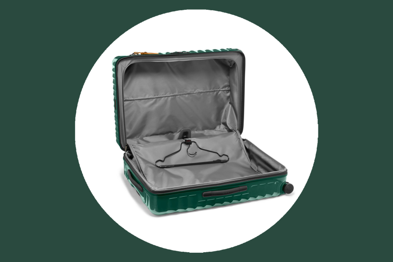 Gray interior of Tumi 19 Degree Packing Case, with hanger bracket