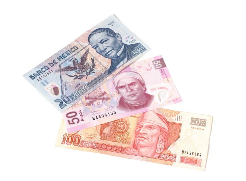 Three small-denomination Mexican pesos notes: a 20, 50, and 100