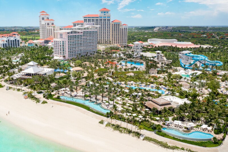 Aerial overview of Baha Mar resort in the Bahamas and its Baha Bay water park.