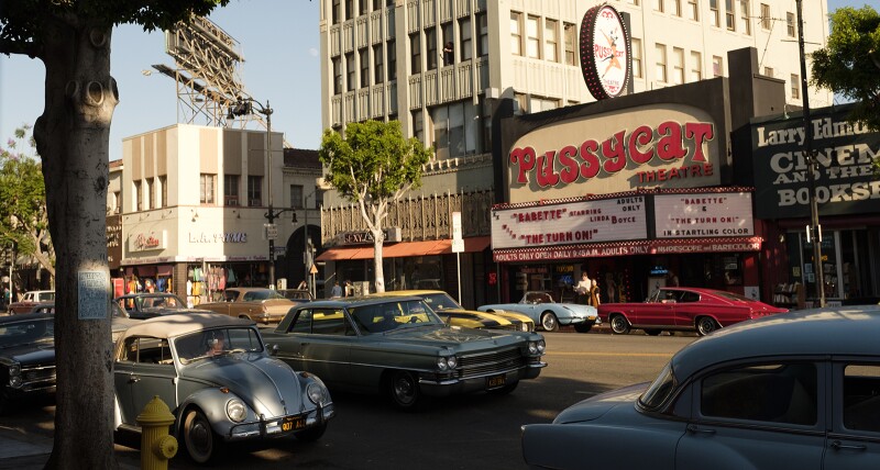 The “Once Upon a Time” production design crew recreated the famous Pussycat Theater facade to feature the Hollywood Boulevard location onscreen.