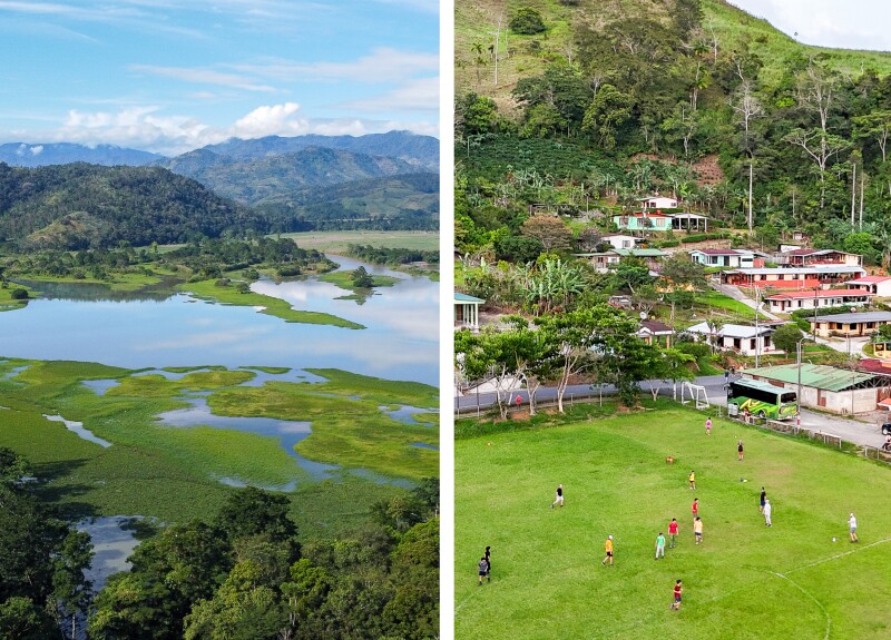 Aerial view of a landscape with water and green mountains and an aerial view of soccer players on a field with a town in background
