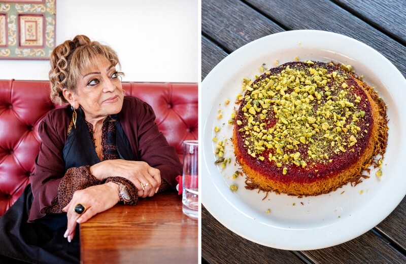Left: a portrait of Rawia Bishara; the desert knafeh, which is topped with pistachios