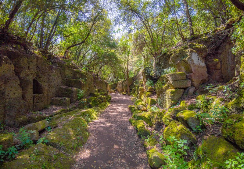 A narrow shaded path surrounded by moss-covered rocks and trees at the Necropolis of Banditaccia