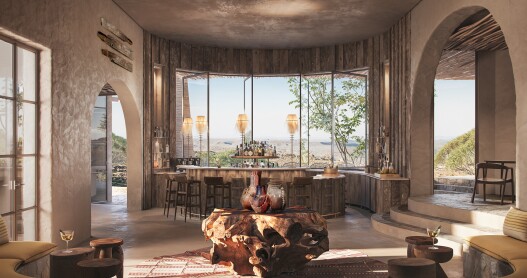 A rendering of a bar with floor to ceiling windows at andBeyond Suyian Lodge in Kenya