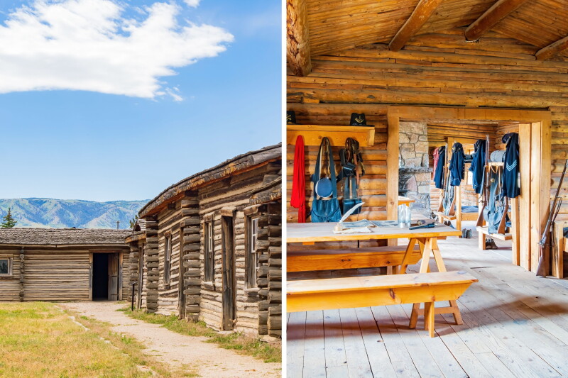 Left: Log cabins, with mountains in the distance. Right: Interior of a log cabin with lots of coats hanging on wall pegs and a picnic table in the center of the room.