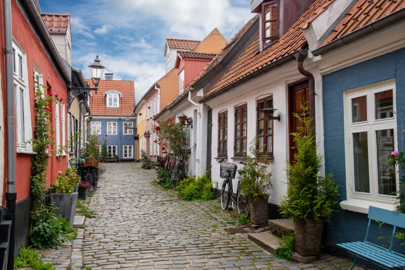 Colorful homes on residential street in Aalborg