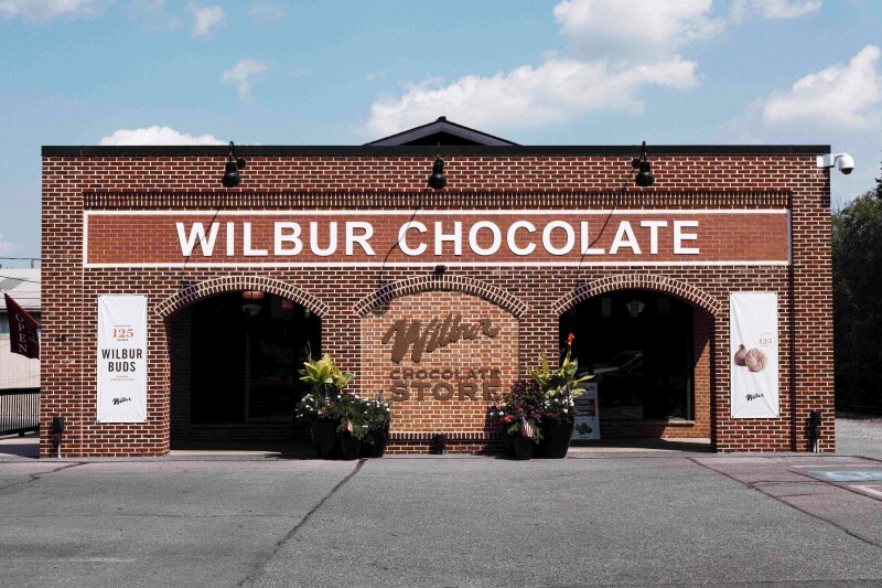 Exterior of brown brick Wilbur chocolate store