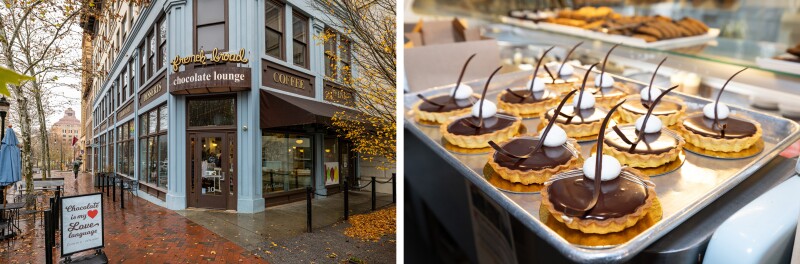 The exterior of French Broad Chocolate Lounge on a rainy autumn day.