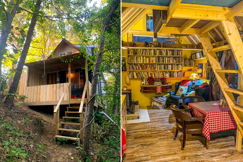 Exterior of small wooden cabin with porch (L), interior with wood floors, shelves full of books, and ladder steps to sleeping loft (R).