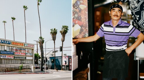 Left: a Koreatown strip mall. Right: Kil Chae Jeong, owner of Gol Tong Chicken.