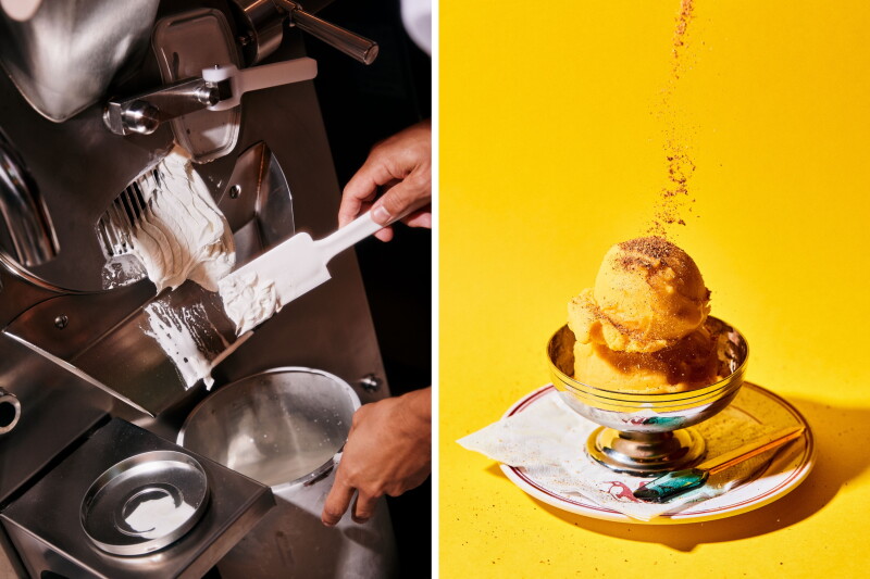 Hand holding spatula to collect white gelato from machine (L); two scoops of Szechuan chile mango gelato in small metal cup on plate
