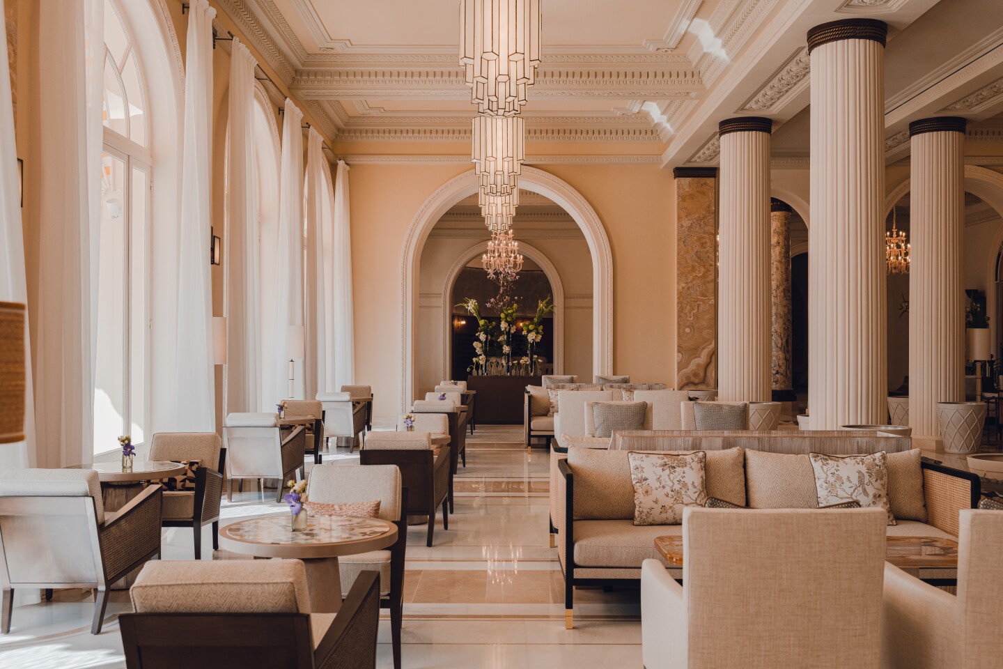 Inrerior of the beige Camélia Tea Lounge offers teas from around the world.