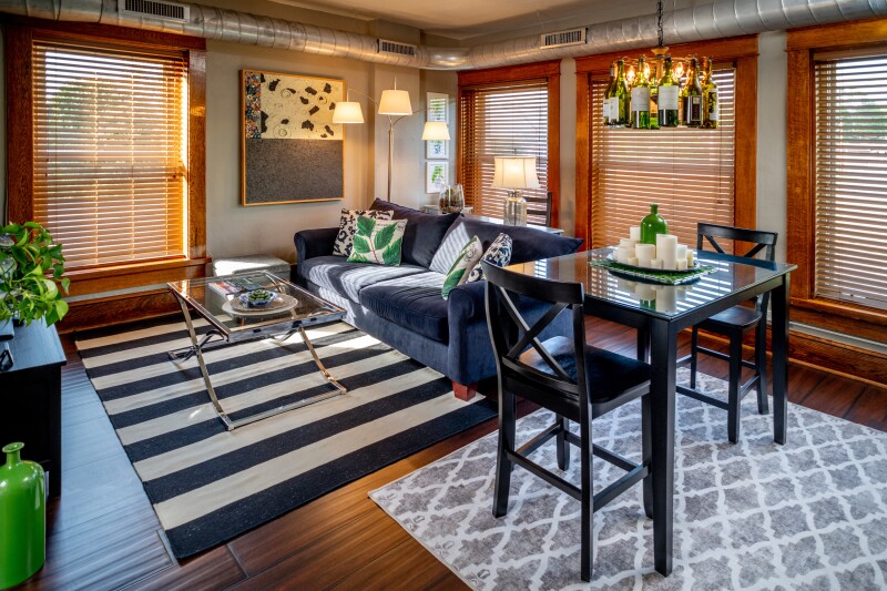 The living room in one of the apartments in Lafayette Flats in Fayetteville, West Virginia