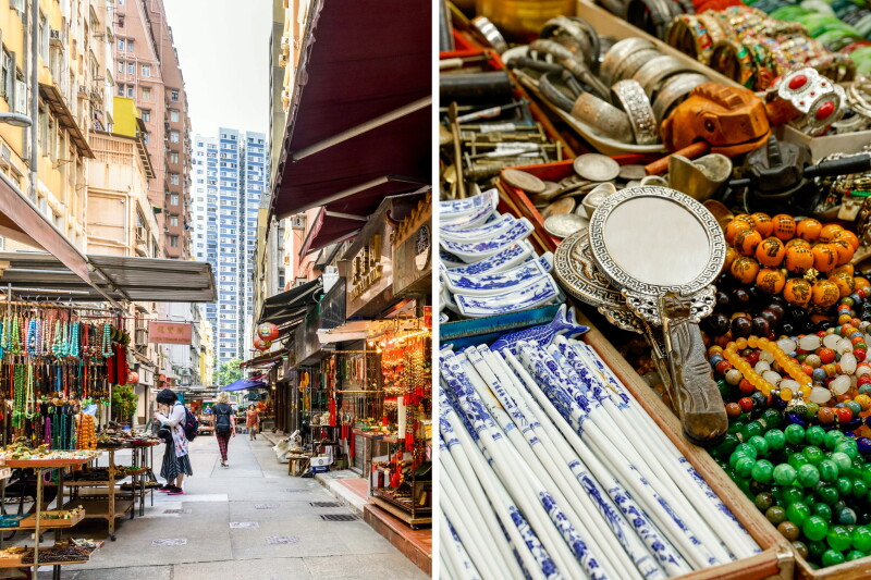 A few shoppers in alleyway lined with stalls (L); white-and-blue porcelain chopsticks, beaded bracelets, and hand mirrors for sale (R)