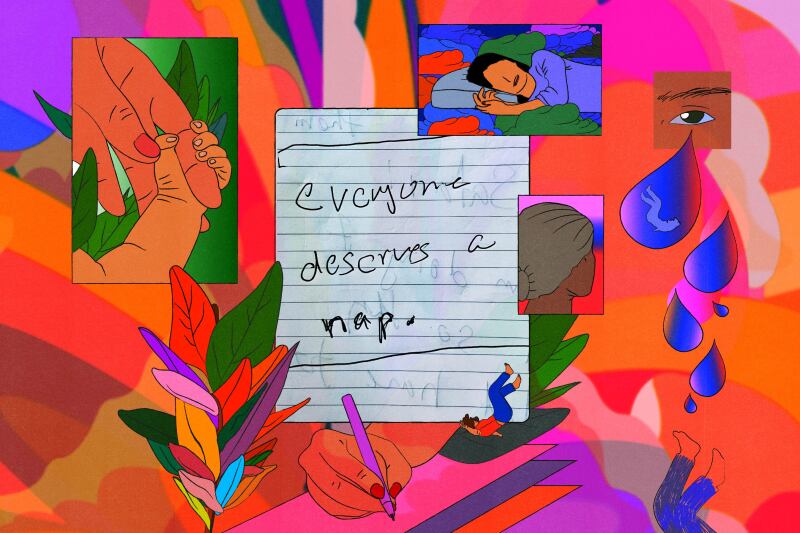An illustration featuring a hand writing, a person sleeping, and a note that says "Everyone deserves a nap."