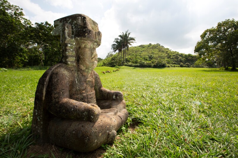 An ancient stone statue of a god sitting on the grass and facing right, with trees inbackground