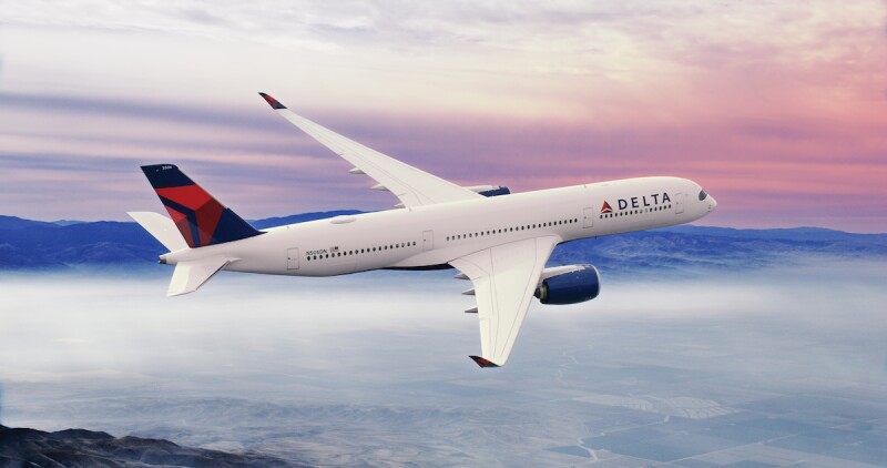 Delta A-350-900 aircraft flying in the air