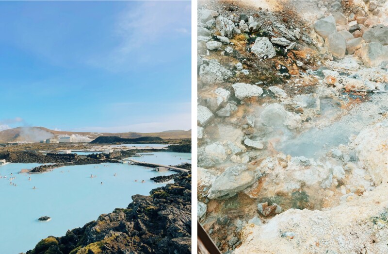 Overview of Blue Lagoon (left); close shot of a hot spring