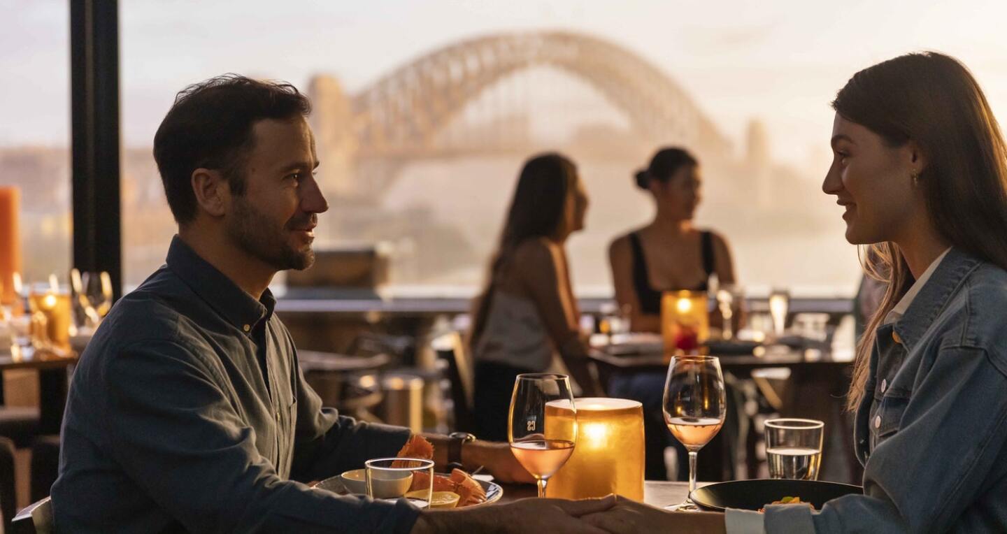 A couple share dinner in a candlelit restaurant. A large bridge is seen through the window.