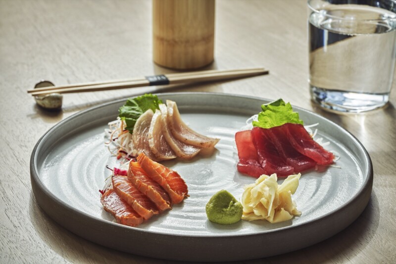 A carefully plated dish of sashimi at Kita, a Japanese-inspired steakhouse at Pendry Park City hotel in Utah.