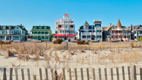 Colorful houses on an beach.