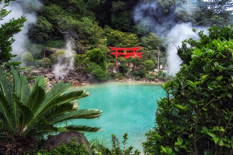 On the weekends, the 36+3 train passes through the city of Beppu, which is famous for its hot springs.