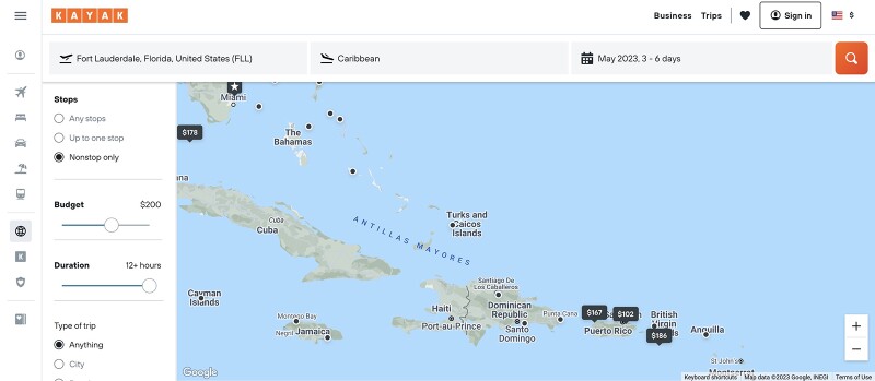 Kayak Direct screenshot of map of Caribbean islands, including Cuba
