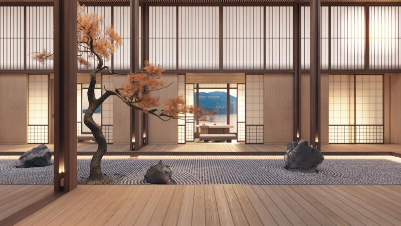 Aman yacht interior rendering featuring Japanese-style garden