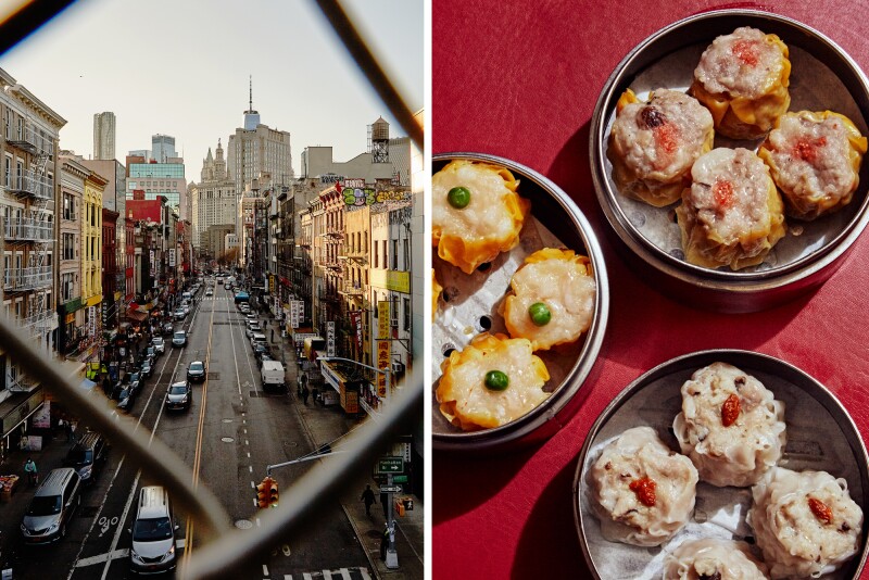 Long view of road in Chinatown (L); three tin dishes of dim sum at Nom Wah Tea Parlor (R)