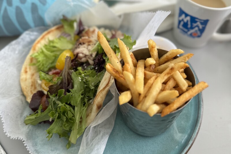 Fries and a mahi mahi gyro sandwich at Mala Ocean Tavern on the Lahaina waterfront in Maui