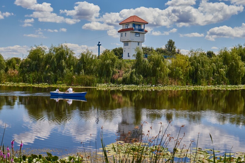 Blue boat on a river