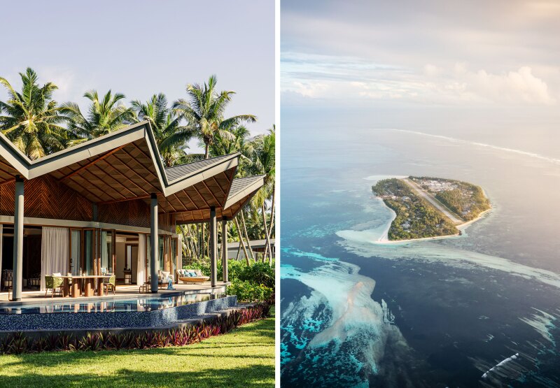 Exterior of large private suite with roofed porch (L); aerial view of small island (R)