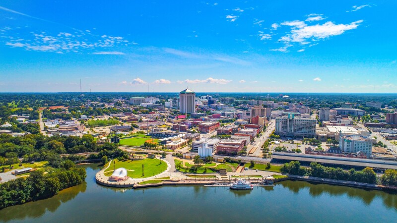 Montgomery Alabama Riverfront Park Skyline aerial shot
