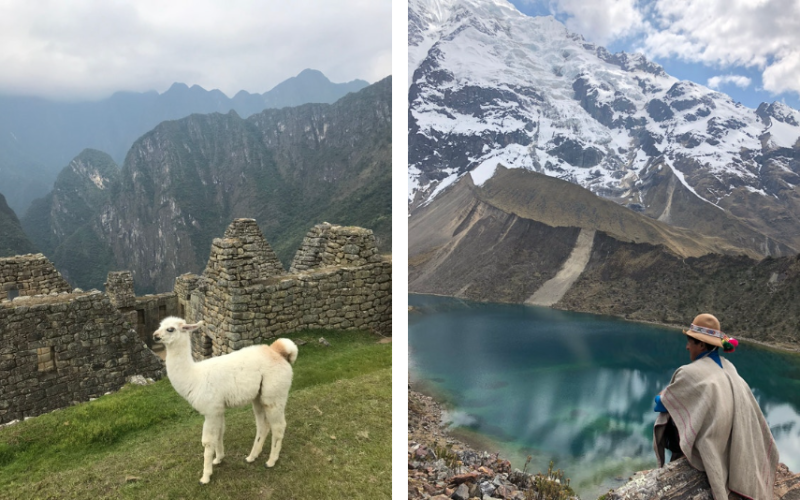 A white llama at Machu Picchu (L) and a local person beside lake on Salkantay Trek (R)
