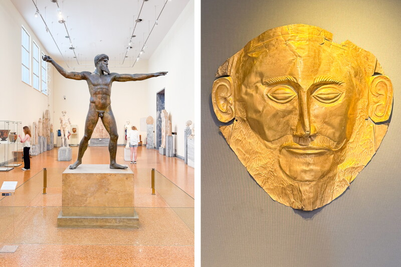 Large bronze statue of nude man in National Archaeological Museum Athens gallery (L); gold mask of Agamemnon (R)