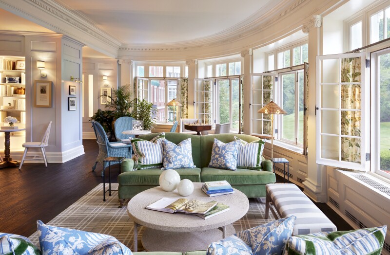 A lounge area in the newly renovated historic Omni Homestead Resort in Virginia