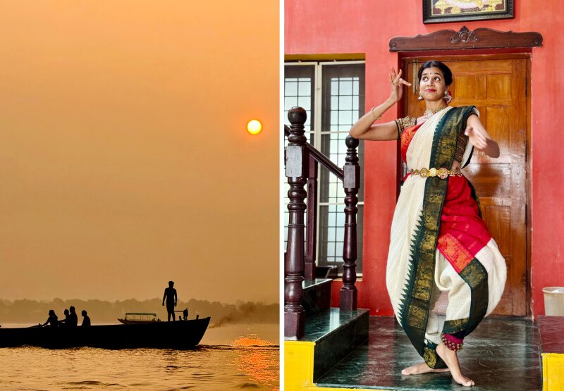 A silhouette of people on a boat on water, set against an orange sky, in India (left); dancer Deepthi Ravichandran performs in her home (right)