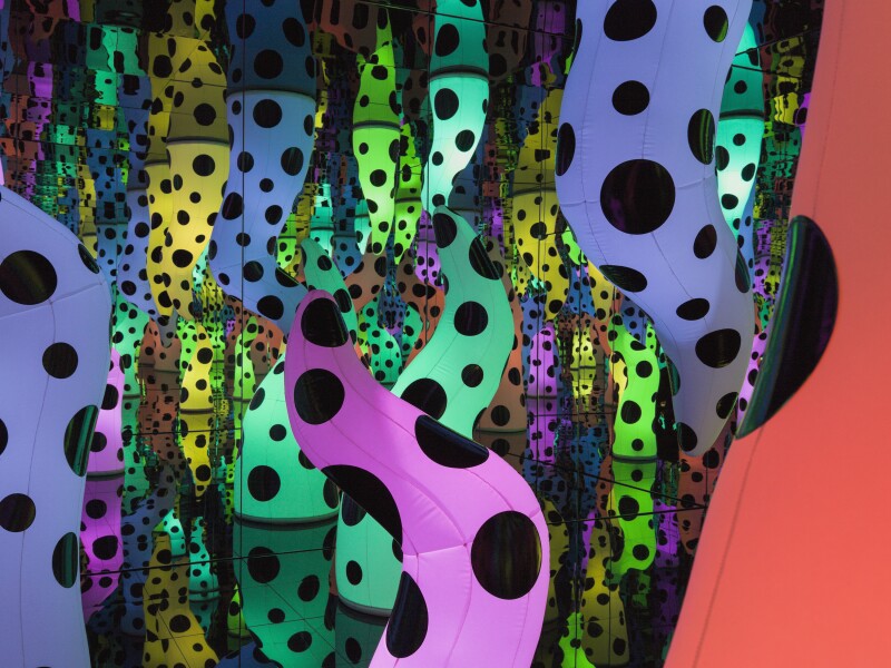 Brightly colored tentacles filling the entirety of Love Is Calling by Yayoi Kusama