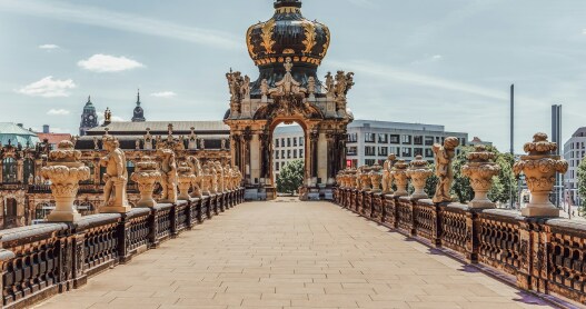 The entryway to the opulent grand Zwinger museum complex in Dresden, Germany