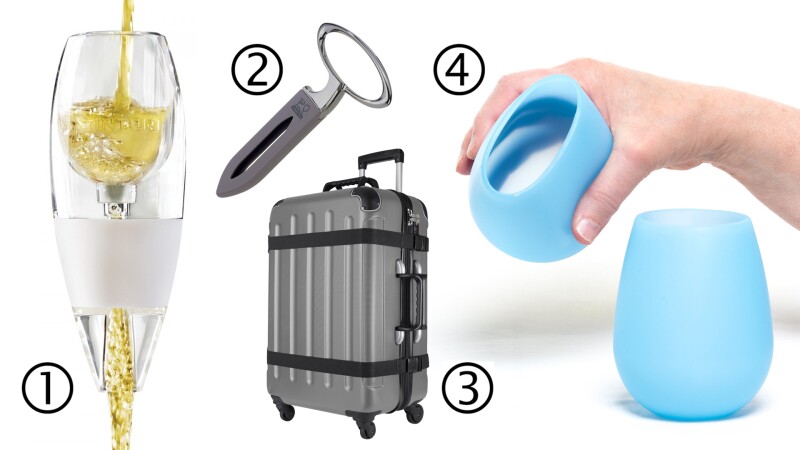 1. Vinturi White Wine Aerator, $30; 2. Mathus “Ah-So” Cork Puller, $30; 3. VinGarde Valise Grande Wine Case, $300; 4. Bendiware Silicone Wine Glasses, $25 (set of 4)