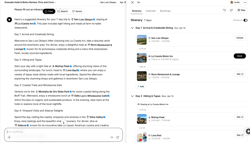 Left, screenshot of Mindtrip's chat screen with itinerary questions about a trip to San Luis Obispo. Right, the app's proposed itinerary.