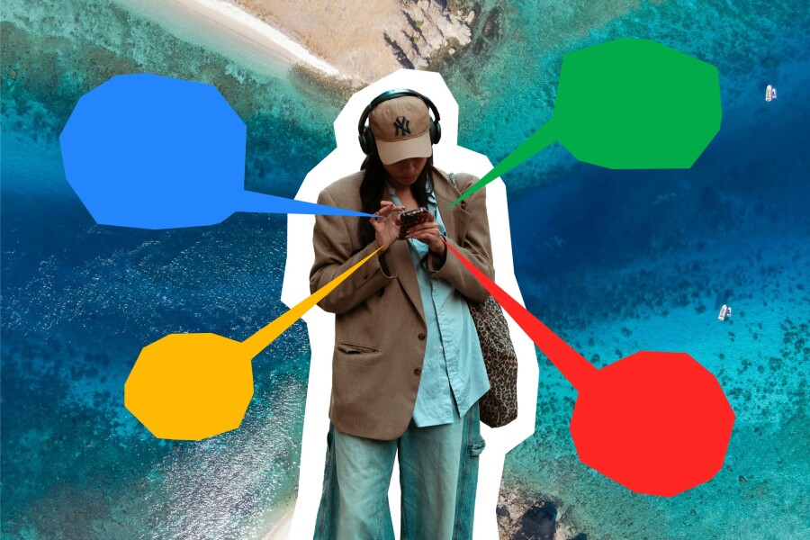 A collage featuring a person on their phone with four speech bubbles shooting out in primary Google colors set against the backdrop of an aerial view of coastal scene with a sliver of beach and turquoise water.