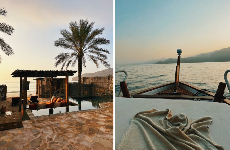 Beach bungalow at Six Senses Zighy Bay; Sunset dhow cruise on the Gulf of Oman