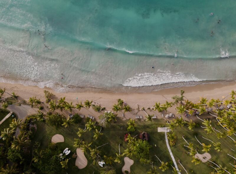 An aerial view of beach and adjacent golf course at Las Terrenas, Dominican Republic