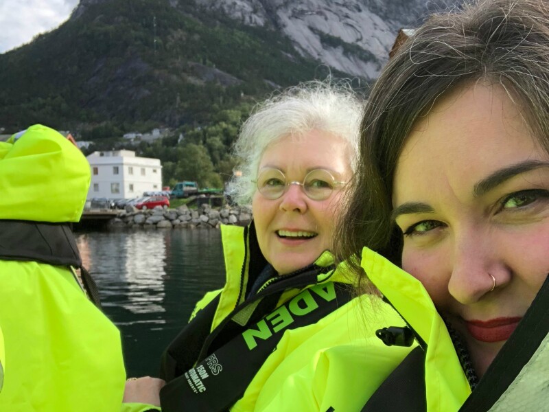 Writer Ashlea Halpern and her mom, Donna Halpern, on a boat excursion in Eidfjord, Norway